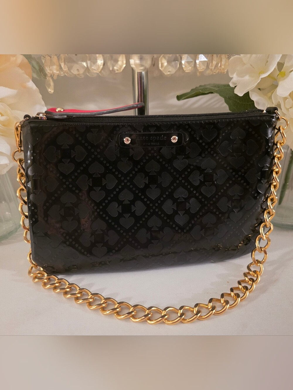kate spade Black Patent Mini Bag  with Gold Chain and Red Trim